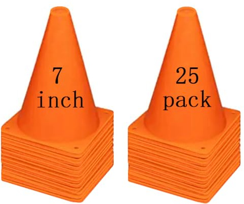YOQXHY Soccer Cones (7 Inch 25 Pack), Agility Training Sports Cone Plastic with Carry Bag for Football Basketball Drills Field Markers, (Orange)