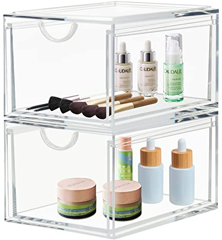 Confezione da 2 Cassetti Impilabili per Cosmetici, Organizer per Trucco in Acrilico Trasparente, Contenitori in Plastica, Contenitore per Toeletta per Bagno, Camera da Letto, Cucina