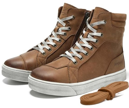 Motorradschuhe Herren Leder Retro Motorradstiefel Männer lässige motorrad sneaker reissverschluß mit Schaltpolster, Rutschfeste Sohle(Braun, 46)