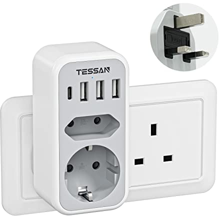 TESSAN UK Adapter England Deutschland Stecker, Steckdosenadapter Reisestecker Stromadapter für Irland mit 3 USB A und 1 USB C, Reiseadapter Typ G auf Großbritannien London Schottland Malta Dubai