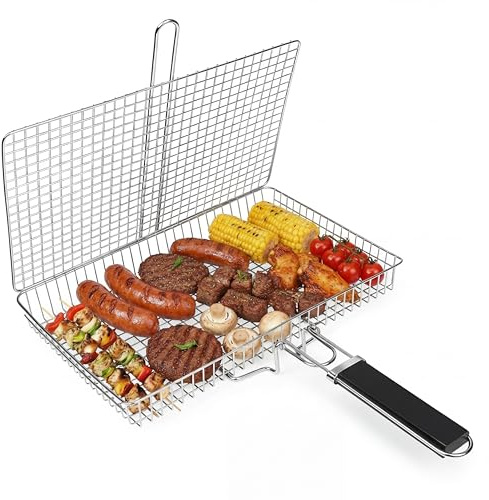 Upgrade Deepen - Cestino portatile per barbecue, in acciaio inox, con manico rimovibile, perfetto per grigliare bistecche, salmone, verdure