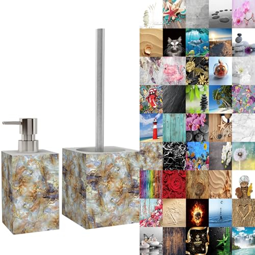 Sanilo Set di accessori per il bagno, dispenser di sapone e scopino WC, materiale di alta qualita, che attira l'attenzione in ogni bagno (Marmo Marrone)