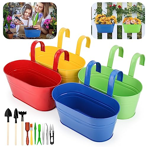 GIOVARA Vasi da fiori da appendere in metallo, 4 pezzi colorati grandi fioriere da giardino 27,5 cm sopra recinzione, fioriera da appendere con ganci staccabili