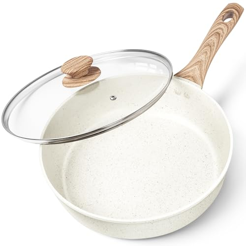 MICHELANGELO Deep Frying Pan 28cm, Non Stick Saute Pan 28 cm, Fry Pan with Lid with Soft Bakelite Handle, Sautepan with Lid, Deep Frying Pans for Induction Hob, White