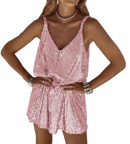 LIAOPUFUS Gonna in Paillettes Abito Corto da Donna Camisole Sexy Con Scollo a V, Bretelle Sexy, Aderente (005 Pink, L)