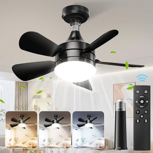 BOBOPAI Small Socket Ceiling Fan with Light and Remote Control, E27 Detachable Silent Fan with Extension Rod,3000K-6000K, 3 Speeds, Adjustable Brightness,Timer, Ø46cm, Black (Without Lamp Holder)