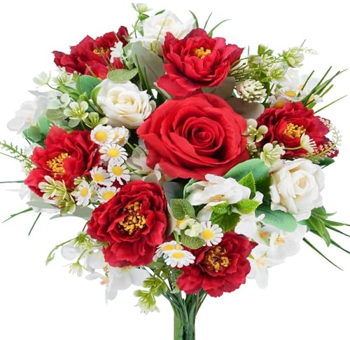 Zythrem Cemetery Flowers for Grave with Red White Rose Mothers Day Memorial Flowers Spring Summer Artificial Flower Bouquet for Silk Flower Arrangements for Wedding Home Table DIY