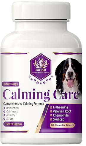 EQ K9 Calming Treats for Dogs, Reduce Stress & Anxiety, Fear, Hyperactivity & Barking, non drowsy with L-Theanine Skullcap Valerian Chamomile Vitamin B L-Tryptophan, 120 Dog Calming Tablets