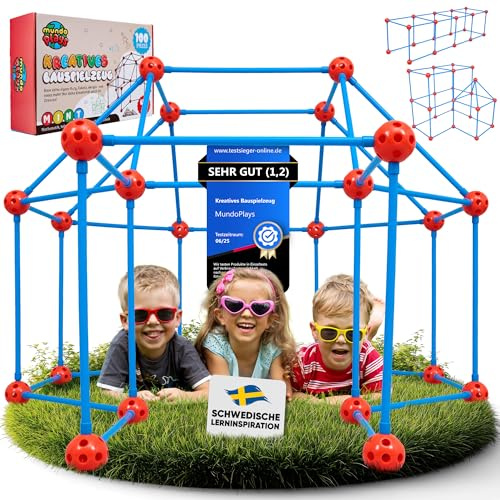 mundo plays Konstruktionsspielzeug/Bauspielzeug für Outdoor und Indoor [Sicher und Stabil] 100 Teile Gartenspielzeug Kinderzelt Indoor Höhle Bauen Kinder kreativ Set für Kinder Kreatives Bauspielzeug