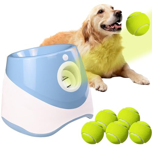 Lanzador de bolas para perros automático, lanza bola para perros con 6 bolas, distancia ajustable 3-9m, lanzador de bolas automático interactivo para perros, juguete de entrenamiento interior al aire