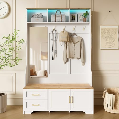 Lcoho Armadietto multifunzionale per corridoio e scarpe con illuminazione a LED, specchi, ganci e cassetti, moderno armadio per ingresso e corridoio, con spazio e seduta
