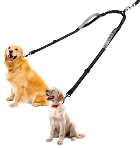 Double Dog Leash-360° Swivel, No Tangle Dog Leash Coupler, No Pull Adjustable Dual Lead with Shock-Absorbing Bungee, Padded Handles, Reflective Walking & Training Lead Splitter for 2 Dogs