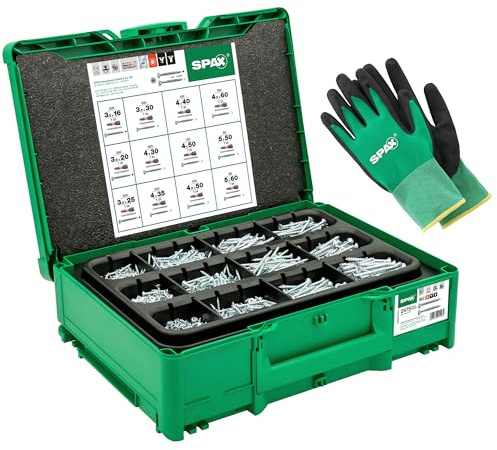 SPAX Montagekoffer Systainer³ T-Loc - Schraubenset mit 2.475 SPAX Schrauben in 12 Abmessungen, inkl. 5 T20 Bits & Arbeitshandschuhe – Profi Schraubenkoffer für Handwerk & Heimwerker – 8000000294624