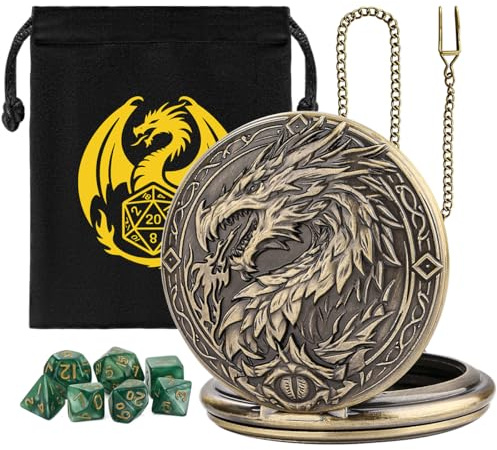 Mini DND tärningsset med steampunk drake stor fickur snäckfodral, 7-delad polyhedral akryl D & D-tärning, DND-presentpåse med draklogotyp, rollspel brädspeltillbehör, brons + grön