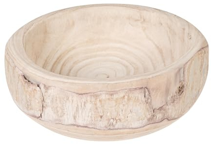 Bloomingville Decorative Hand-Carved Paulownia Wood Bowl, Whitewashed, 10.5 in Diameter, 4.25 in Tall