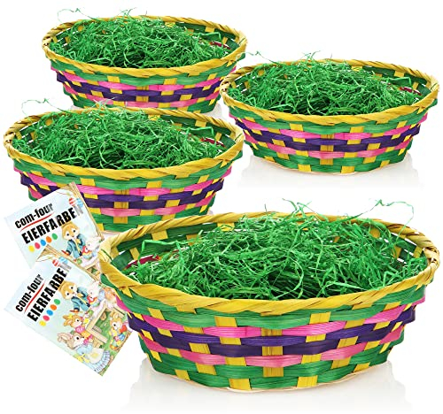 com-four® 4X Osterkörbchen mit Deko Gras, Eierfarben mit Malbuch - Bunte Osterkörbe aus Bast mit grünem Gras - Bastkorb mit Ostergras (Set 2 - bunt)
