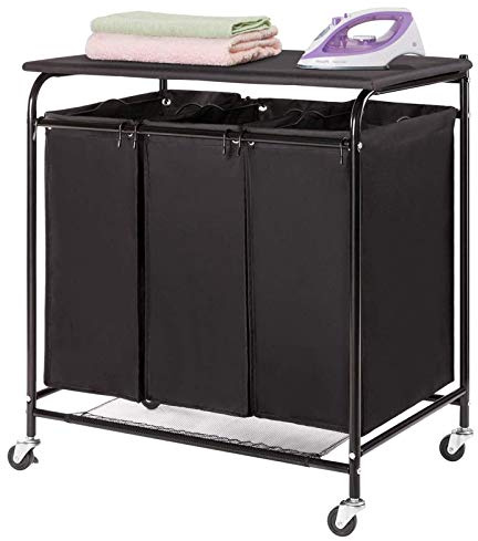 HWF Carrito de LavanderÍa 3 Sección Clasificador de lavandería con Tabla de Planchar, Carro clasificador de cesto de Ropa con Ruedas para Trabajo Pesado con Rueda de Freno y Bolsas extraíbles, Negro