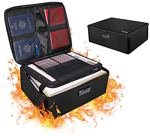 Tamfile Fireproof Document Box with Lock, 14.2''×10.6''×4'' Large Capacity Collapsible File Storage Box, Waterproof Document Bag for Home/Office, Passport, Certificates and Valuables, Black