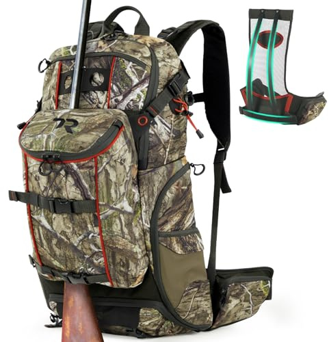 TR Hunting Backpack 3400cu,Waterproof Hunting Pack with Rifle Holder, Internal Frame, Rain Cover, Camo Hunting Daypack for Rifle Bow Gun