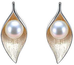 Pendientes Hoja De Plata De Ley S925 Perlas Cultivadas De Agua Dulce Mujer Infantil Regalo madre - H'Helen