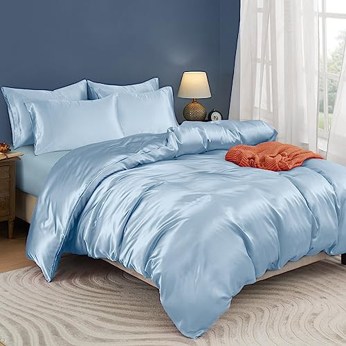 Horbaunal 5 Pieces Satin Duvet Cover Set Queen/Full Size, Baby Blue, No Comforter