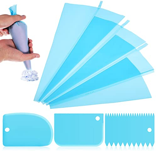 Artibetter Wiederverwendbare Spritzbeutel Und Schaber-Set 4 Große Silikon-Spritzbeutel Und 3 Kuchenschaber-Set Kuchendekorationszubehör Zum Backen