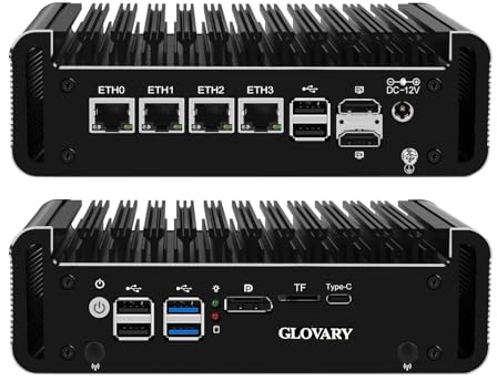 Glovary Mini Firewall PC N100 4 Core, 4 x i226V 2.5GbE LAN OPNsense Hardware, Barebone NO RAM NO SSD, Fanless Micro Computer Router Appliance, AES-NI, 2HD, DP, USB-C, 2 x NVMe, 2 x SATA3.0