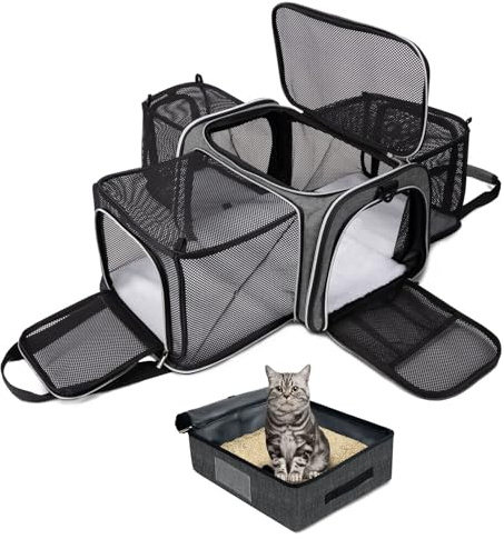 BAGLHER Expandable Cat Carrier with Travel Litter Box, Pet Travel 5 Sides Open Doors 3 Sides, Leak-Proof and Collapsible, for Car, Airplane Trip, Grey
