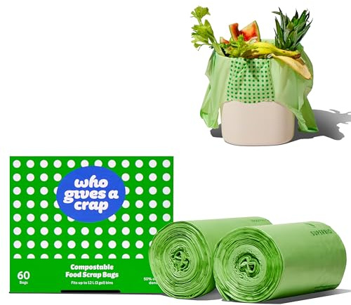 Who Gives a Crap Compostable Food Scrap Bags, 60 Count, 3 Gallon / 11.35 Liter, Durable Compost Bags for Kitchen Compost Bin, Biodegradable Food Waste Trash Bags for Sustainable Disposal