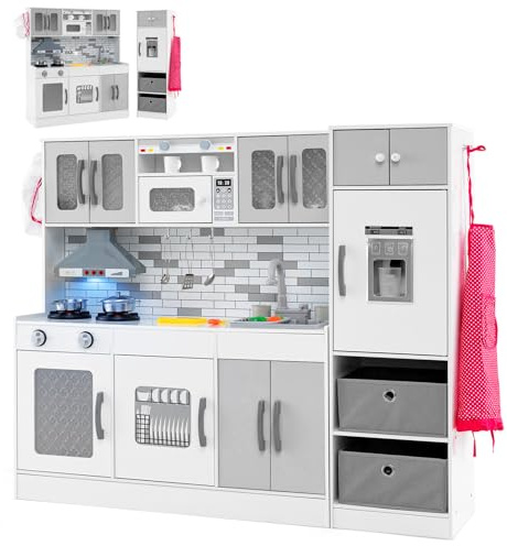 GYMAX Large Play Kitchen, Modular Toy Kitchen with Water Circulation, Refrigerator, Microwave, Oven, Ice Maker, Accessories, Lights & Sounds, Kids Cooking Role Playset for 3+ Years Old (Gray+White)