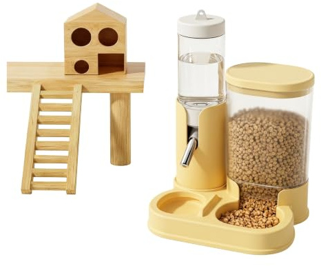 Gourde jaune pour hamster et mangeoire automatique 2 en 1, distributeur d'eau pour petits animaux avec buse en acier inoxydable, distributeur de nourriture transparent pour hamsters, gerbils, hamsters