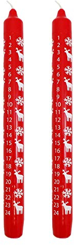 Ebersbacher Kerzenfabrik GmbH Adventskalenderkerze Schneeflocke & Elch rot mit weißem Druck 2 Stück ca. (ØxH) 22 x 250 mm, Unparfümiert