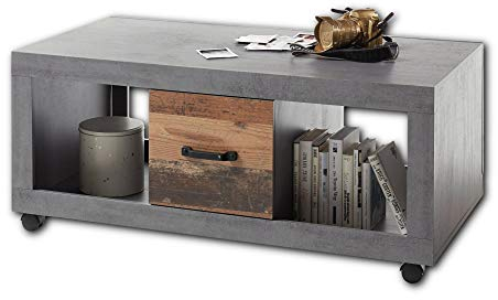 INDIANA Moderner Couchtisch auf Rollen in Beton & Old Style Optik - mobiler Sofatisch mit Ablagefächern & Schubladen für Ihren Wohnbereich - 115 x 50 x 60 cm (B/H/T)