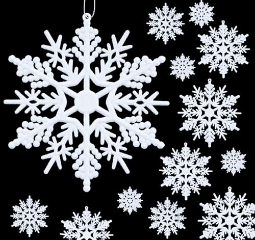 Anstore 56 Pcs Glitter Snowflake Hanging Ornaments White Snowflake Ornaments Plastic Snowflakes Xmas Decoration Christmas Tree Pendants Window Door Decoration, Assorted Sizes 2/3/4/5 Inch