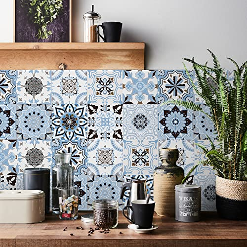 HORIWE Mosaico Muro Piastrelle Adesivi 24 Pezzi PVC Piastrelle Adesivi Marocco Autoadesivo Carta da parati Impermeabile Adesivi murali per la cucina, guardaroba, da tavolo (20x20cm(8x8),Blu)