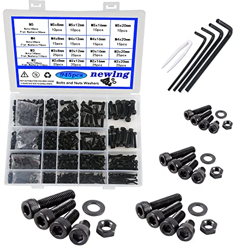 newlng M2 M3 M4 M5 Juego de Tornillos Tornillos y Arandelas 940 piezas Acero al Carbono Juegos de Tuercas y Pernos Negro Tuercas y Arandelas Juego de Tornillos Allen Negro