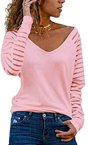 Homlan Maglietta a Maniche Lunghe da Donna con Scollo a V in Tessuto Mesh Elegante Casual, Rosa., L