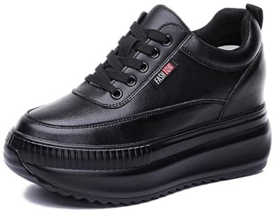 JAOOUU Damen Sneaker mit Keilabsatz Bequeme Turnschuhe mit Wedges aus Leder Modische Plateausohle Innere 9CM Erhöhung Schuhe für Frauen Freizeitschuhe Schwarz 37EU
