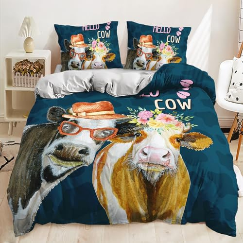 Lunoroey Couple Cow Duvet Cover Set King Size Blue Bedding 3D Printed Cows Quilt Cover Soft Breathable Easy Care Bedding Set