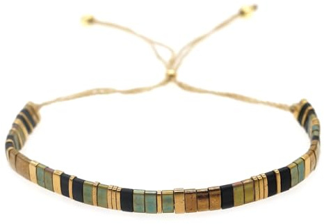 Sonateomber Flat Tila Beaded Adjustable Braided Friendship Stand Bracelets for Women Handmade Boho Charm Square Beads Stackable Bracelet Friend Holiday Jewelry Gift, 5.5 UK, Glass, no gemstone