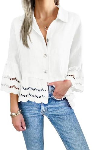 Cicy Bell Womens 3/4 Bell Sleeve Button Down Shirts Casual Ruffle Hem Tops Eyelet Blouse White