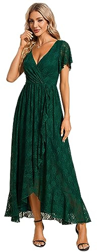 Ever-Pretty Women's A Line Empire Waist V Neck Lace High-Low Elegant Evening Dresses Dark Green 18UK