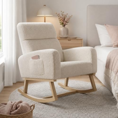 BRILVERDE Mecedora Lactancia, Silla Mecedora de Piel de Cordero Blanca, Silla de Relax con Adhesivo Antideslizante, Mecedora para salón, balcón, salón (Beige)