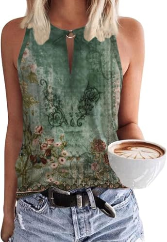SENBATU Camiseta sin Mangas para Mujer, Blusas Informales de Verano con Cuello en V Floral Verde Rosa Large L 42-44