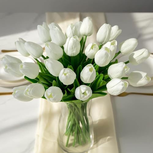 Wekuw 15 Pezzi Tulipani Finti Fiori Artificiali Realistici per Bouquet Tulipani Finti in Lattice,Tulipano per Fai da Te,Bouquet da Sposa,Hotel,Festa,Ufficio,Decorazioni per La Casa (Bianco)