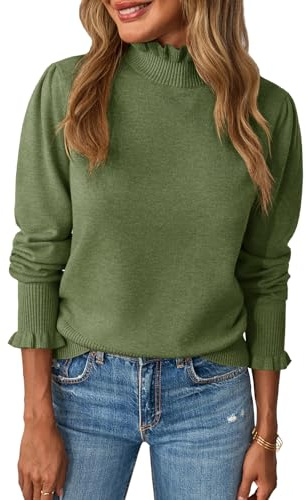 Saodimallsu Womens Ruffle Mock Neck Sweater Puff Long Sleeve Fall Soft Knit Casual Pullover Sweaters Top Army Green