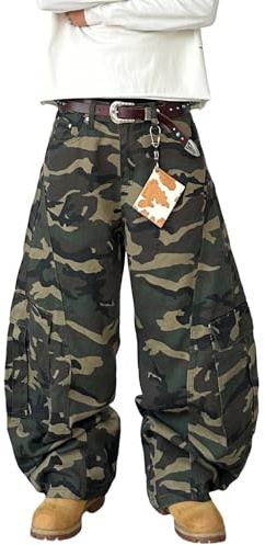 QGRSWBC Mens Baggy Jeans Camouflage Loose Cargo Pants Hip Hop Wide Leg Trousers Mid Waist Skater Jeans Camou Green XL