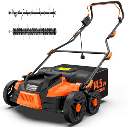 TIECTOWN 16-Inch 15.5 Amp 2-in-1 Electric Dethatcher and Scarifier with 14.5-Gallon Collection Bag, Lawn Dethatcher with 5-Position Depth Adjustment, Blade Replacement Without Tool - Orange