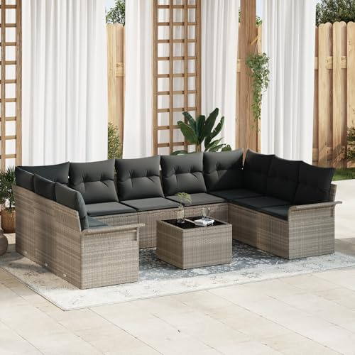 RMIHSJG Ensemble canapé de jardin 10 pièces avec coussins, gris en rotin synthétique, modulaire, pour balcon et terrasse, cadre et rembourrage résistants aux intempéries, groupe de sièges confortable