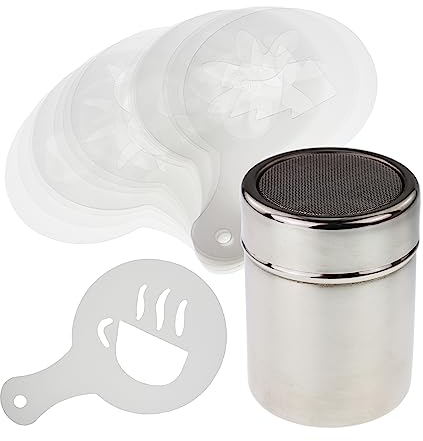 Chocolate Shaker with 16 Piece Coffee Stencils Set for Coffee Lovers Decorating Cappuccino Latte Hot Chocolate Cocoa Cake Design Decoration Duster